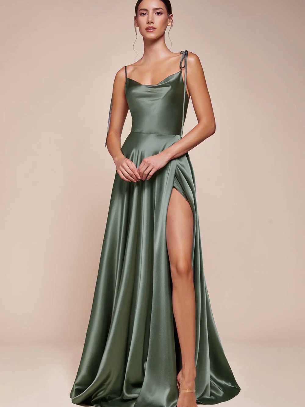 Satin Olive Green Cowl Neck Prom Gown with Side Slit